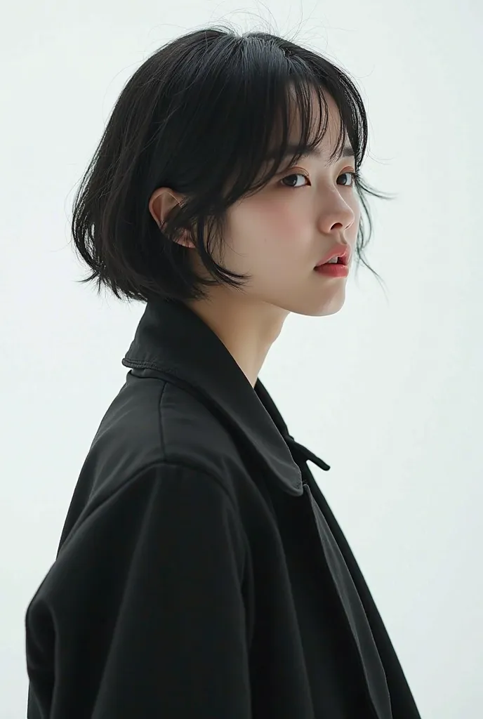 realistic light,natural light,white background,top quality、8 thousand、32,000、masterpiece、UHD:1.2)、photo of korean woman、Korean Shorthair,front position,black hair、upper part of the body,bust、from above、Short hair,  black jacket,profile,아주Short hair,shortcu...