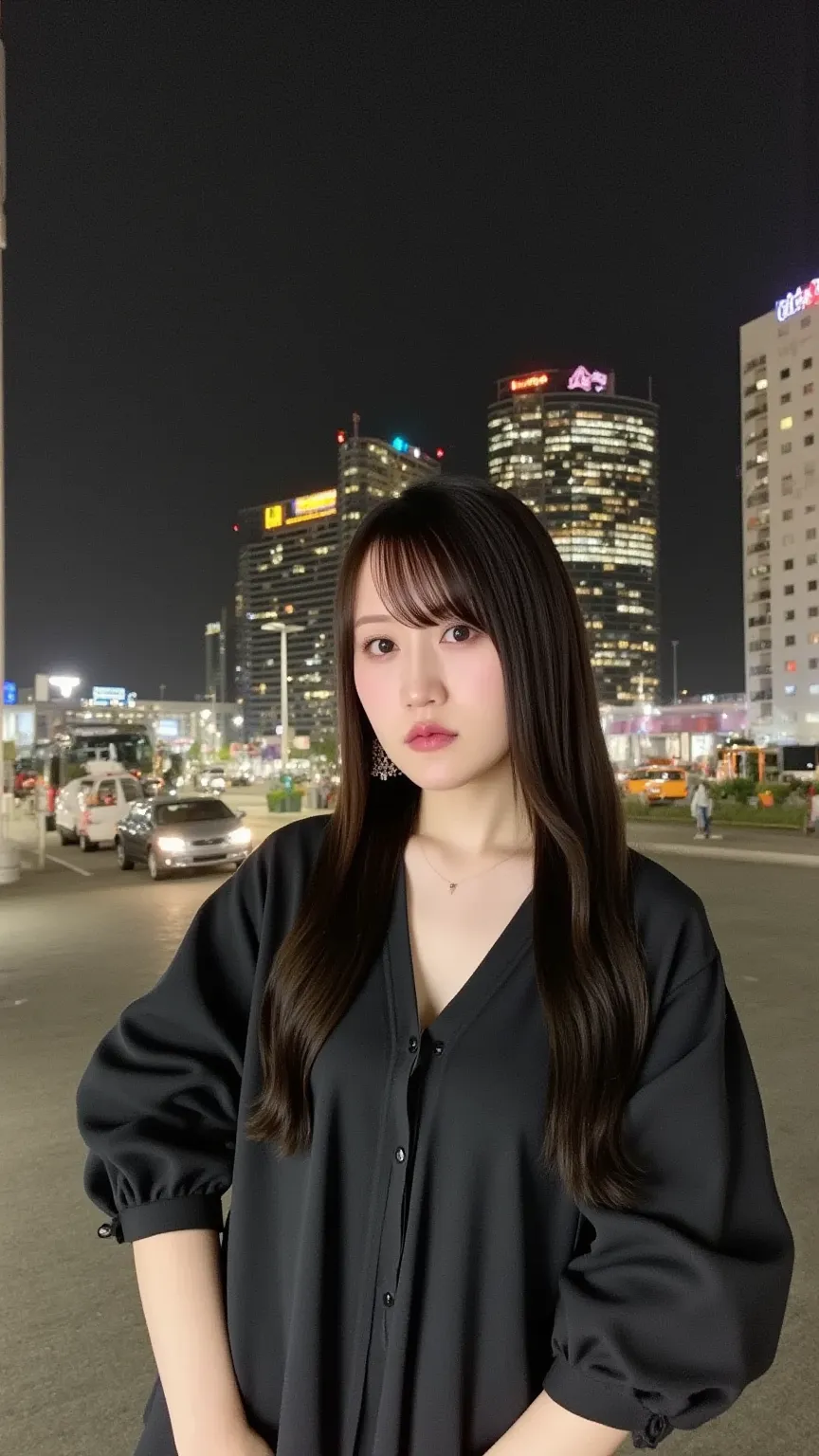 「Japanese woman dressed in chic black、staring at the camera with a stylish hairstyle and red lips。Night view of the city with a slightly blurred background、Light enhances women、Creates an air of sophistication。」