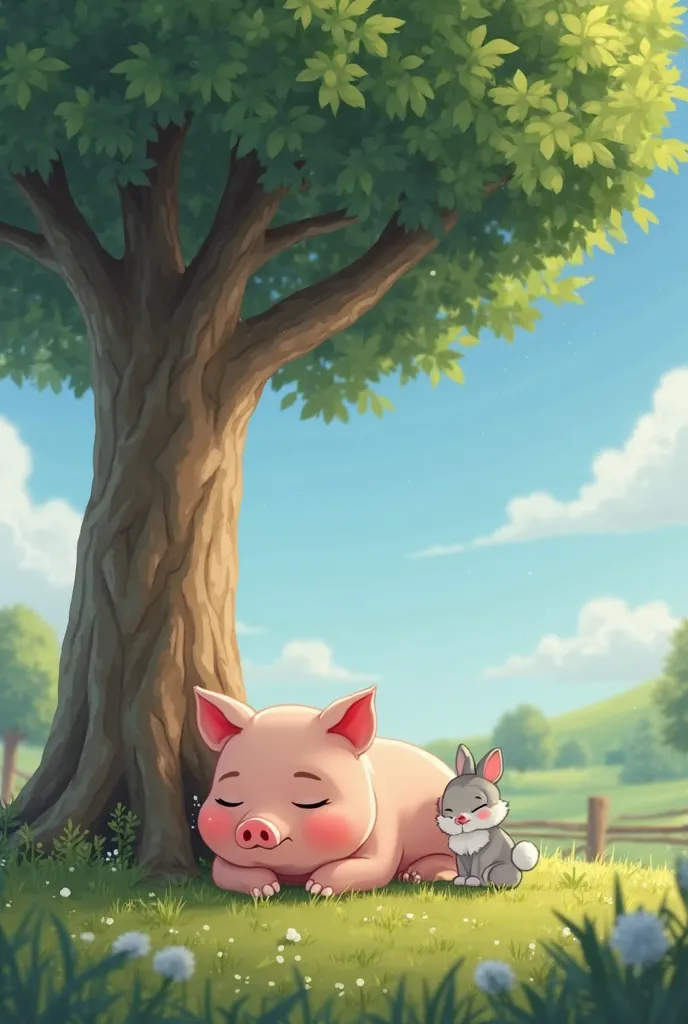 Create an animated image where a pig is sleeping next to a tree and a white and gray rabbit is looking for it