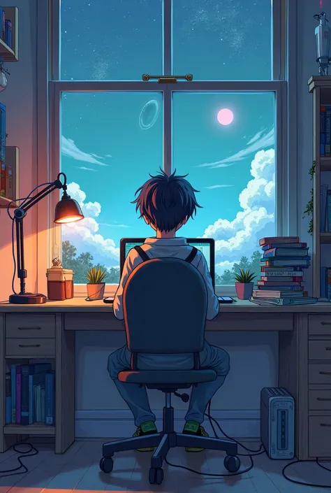 anime boy sitting at a desk with a laptop and a microphone, an album cover inspired by Atey Ghailan, pixiv, serial art, official fanart, jett from valorant, artwork in the style of guweiz, official artwork, clean artstyle, high quality fanart, chillhop, hi...