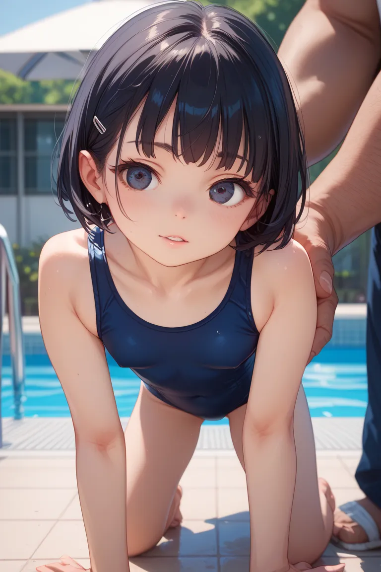  big pool 、A dark blue school swimsuit with short black hair and dark eyes held back by a fat man。walking on all fours by the pool。Small breasts,  body, petite。high quality、high quality、 realistic colors、5 carefully drawn fingers。