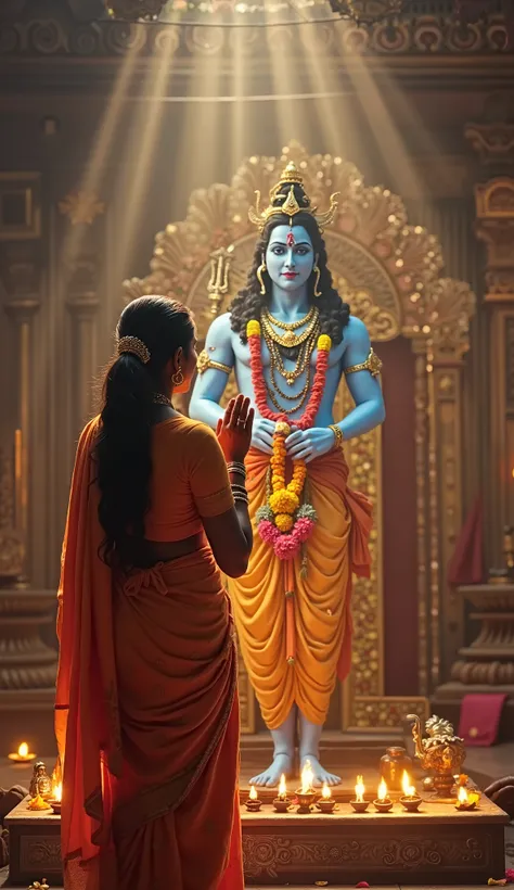 "A divine and emotional scene where a devotee, dressed in traditional attire, stands before a radiant Shiva idol with folded hands and eyes filled with joyful tears. The devotee’s face glows with gratitude and devotion, symbolizing that their heartfelt wis...