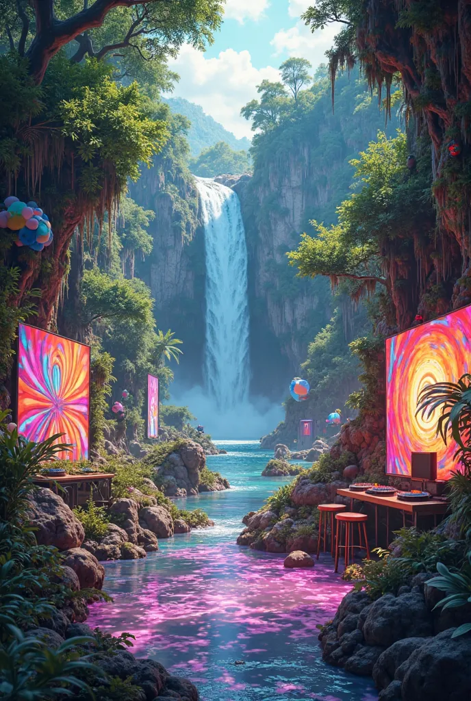 Create an image for a festival called SINESTESIA, Music fusion, painting and nature, in the jungle with a waterfall in the background,  visionary art , djs ,  with no people in the image