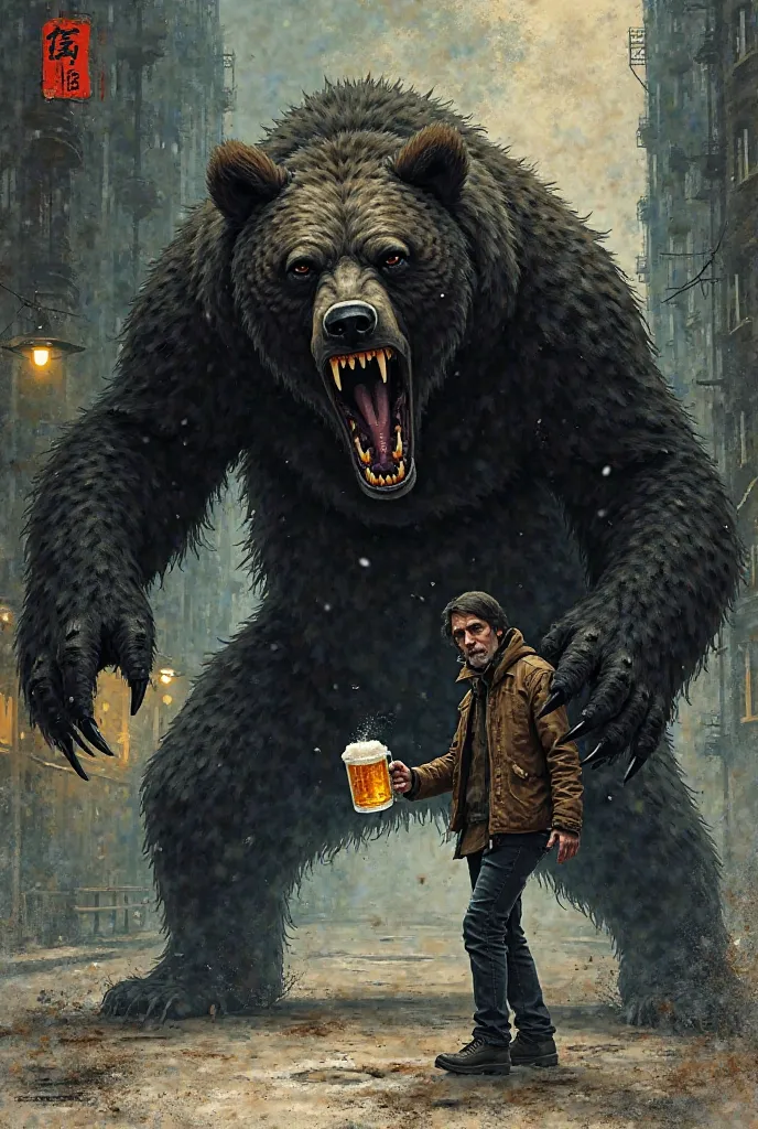 Man-eating bears　 beer mug 　 ink painting　Background city 　