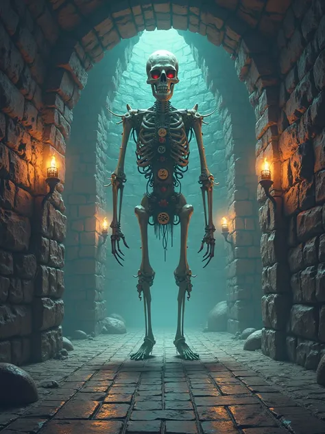 A skeleton golem, It's only the top half of the floor, In a dungeon in retro animation, fancy,  Realistic, pixelart,  Pixel art 