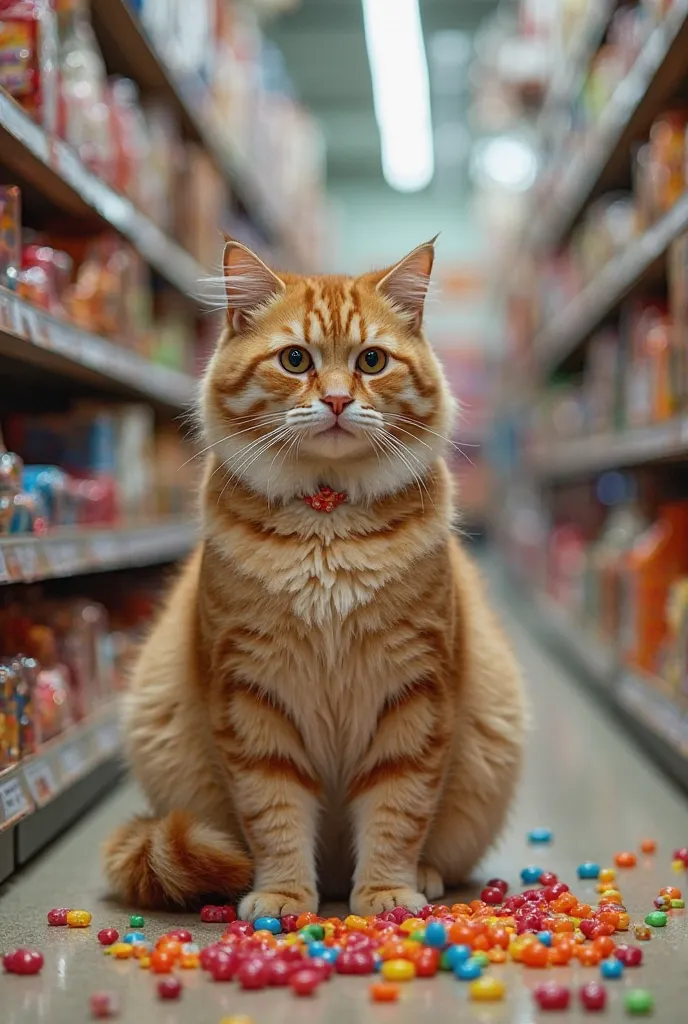 "Same as the previous image, but now the cat’s belly is visibly starting to expand, puffing up from all the candy it has eaten. The aisle is still full of colorful treats, and the cat continues to eat."