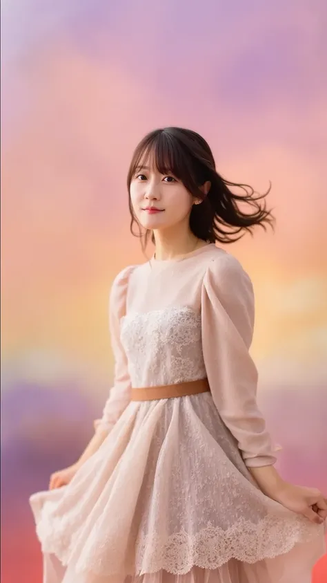 「 at dusk 、Her hair fluttering in the wind against a soft pink and orange sky、portrait of a Japanese woman looking into the distance。She wears a light-colored dress、creates a fantastic atmosphere。with slightly blurred flowers in the background。」