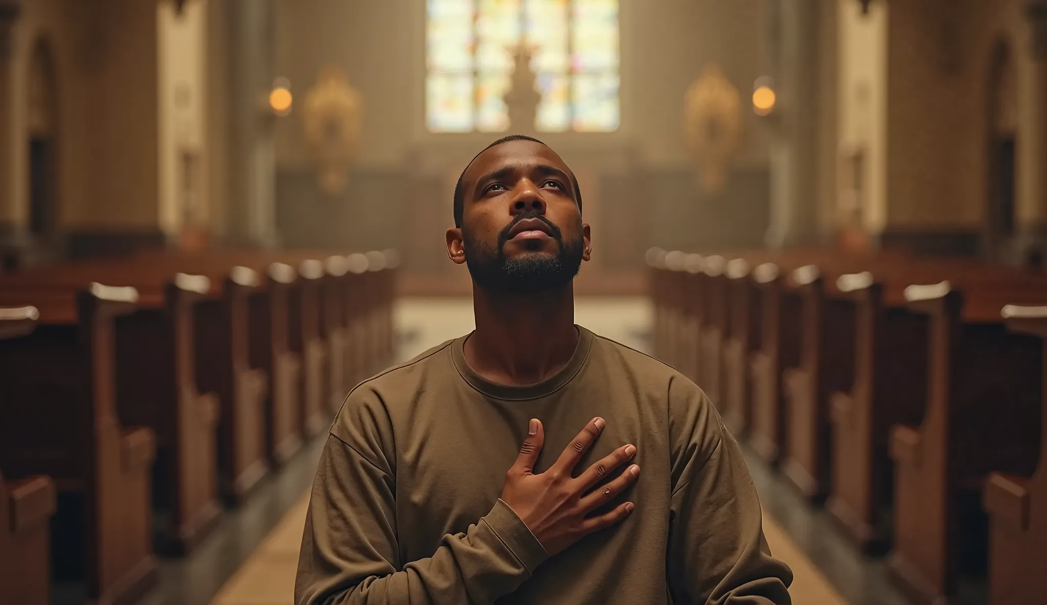 Sitting in a Pew, One Hand on His Chest, The Other Open in Prayer (High Resolution)
Pose: Sitting with an upright posture, his right hand placed on his chest, while his left palm faces upward in an open, seeking prayer. His face is calm yet filled with qui...