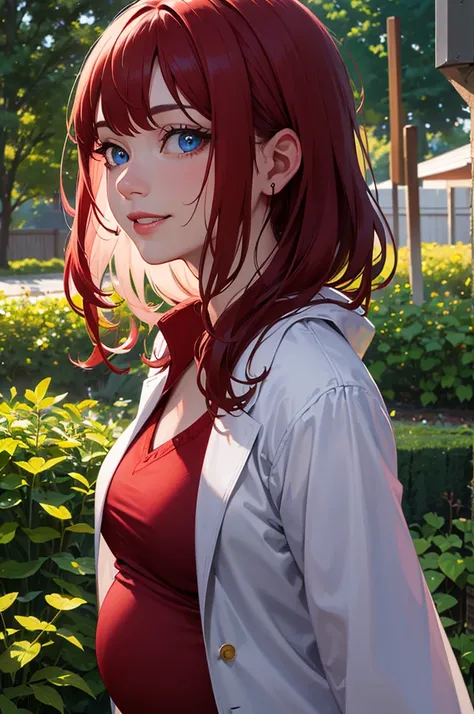  Medium Hair, blue eyes, red hair,  smile, white lab coat, red shirt, big breasts,  pregnant belly 