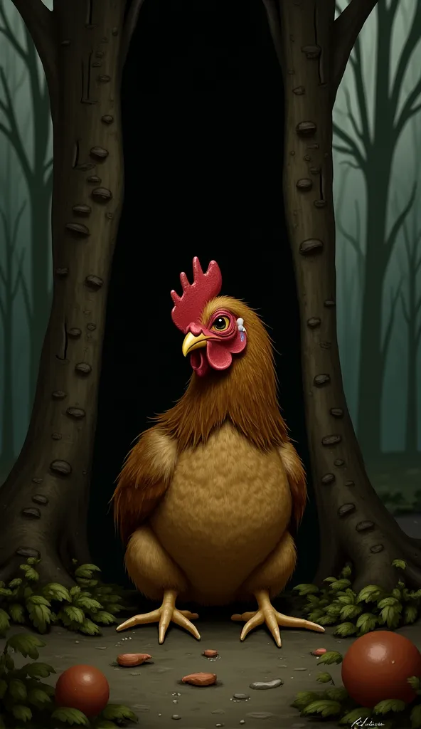 The chicken sits in the forest
"The sad and soaked chicken sits alone under a large tree, tears in his eyes. The forest is dense and dark, the ground is wet and full of leaves."