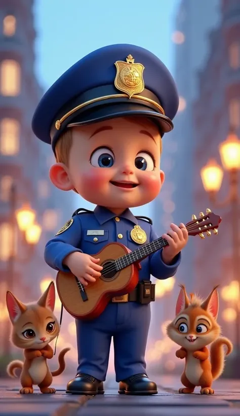 "A baby cop dressed in a flawless blue uniform, with a shiny badge and a small guitar in his hands. He is in a magical city, uniform where the lights flash softly and the buildings have illuminated windows.  small animals , like a kitten and a squirrel, ac...