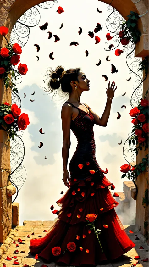 In the heart of Andalusia, where sun-scorched plains, ancient rivers, and molten sunsets collide, a Flamenco dancer embodying Spain’s Gypsy soul emerges—her form a tempest of fire and shadow, hair raven-black and coiled with rose petals, trailing cigarillo...