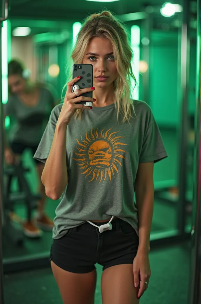 Create a blonde at the gym with green eyes,  black shorts , brown sneakers , gray t-shirt with a sun with a white headset just like Apple, taking a picture in the mirror with an iPhone 11 Pro, Does the gym have green lights 