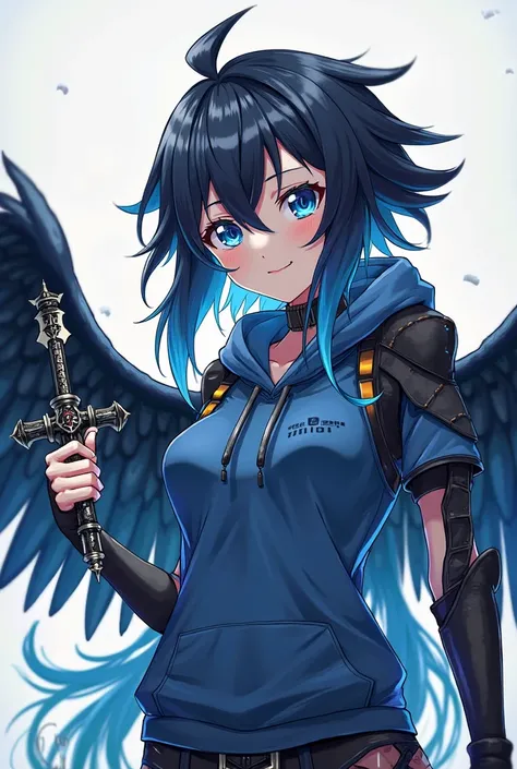 (maximum quality, Best quality socks,  official art , beautiful and aesthetic:1.2)  anime girl , Crow wings on the back,  blue eyes, long flaming blue and black spiked hair, Blue Hoodie, black and blue armor holding two daggers.
