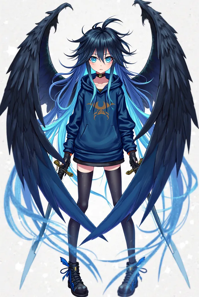 (maximum quality, Best quality socks,  official art , beautiful and aesthetic:1.2)  anime girl , Crow wings on the back,  blue eyes, long flaming blue and black spiked hair, Blue Hoodie, black and blue armor holding two daggers.
