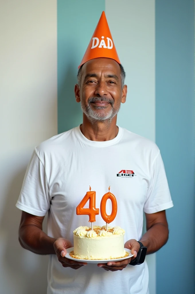 Fig 
1. A brown-skinned Indonesian father in his 40s, skinny body 
2. Wearing a white Eiger t-shirt 
3. Holding birthday cake with candle number 40
4. Wearing a birthday hat inscribed with dad
5. Wearing a black smartwatch 
5. Vertical white and light blue...