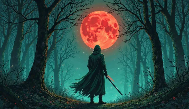 hand drawn illustration of a killer swordsman in green standing in the middle of the forest at night with a red moon, conceptual art,under the， anime style ，Dreamland Wonderland、Fantasy，   masterpiece ，HD， colored， detailed details 