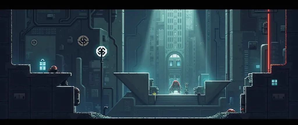 platformer, pixel art game, pixel art interior empty building for Sidescroller. with platforms. futuristic military building interior from the nazi.
