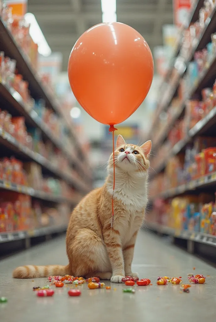 "Same as the previous image, but now the cat’s entire body is swollen like a balloon, its size increasing rapidly as it floats up slightly off the ground. The candy aisle looks unchanged, with the cat still nibbling on candy."