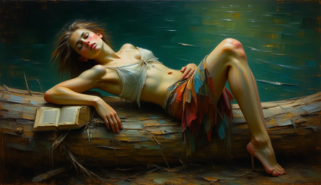 an oil painting of a young woman succumbing to exhaustion on a wooden log by a lake, an open book across her thighs, in the style of Edward Hopper, contrasting warm and cool tones, face relaxed in deep slumber, dramatic side lighting creating stark shadows...