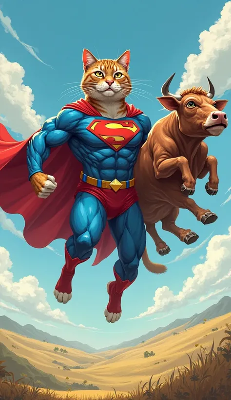 father cat (superman outfit) carrying a cow