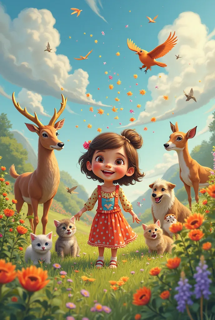 Create an image of a happy girl with ideas in her head and lots of animals around her