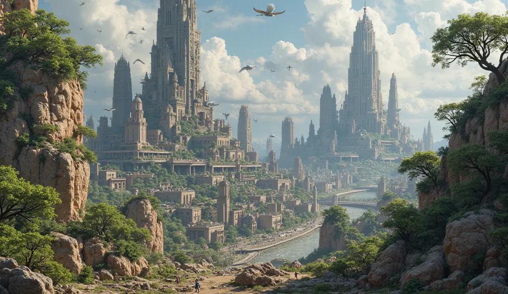 A sprawling city made from massive structures, with towering buildings and natural landscapes intertwined. Carnivorous dinosaurs moving through the city, possibly trading or interacting with herbivores in a cooperative way.