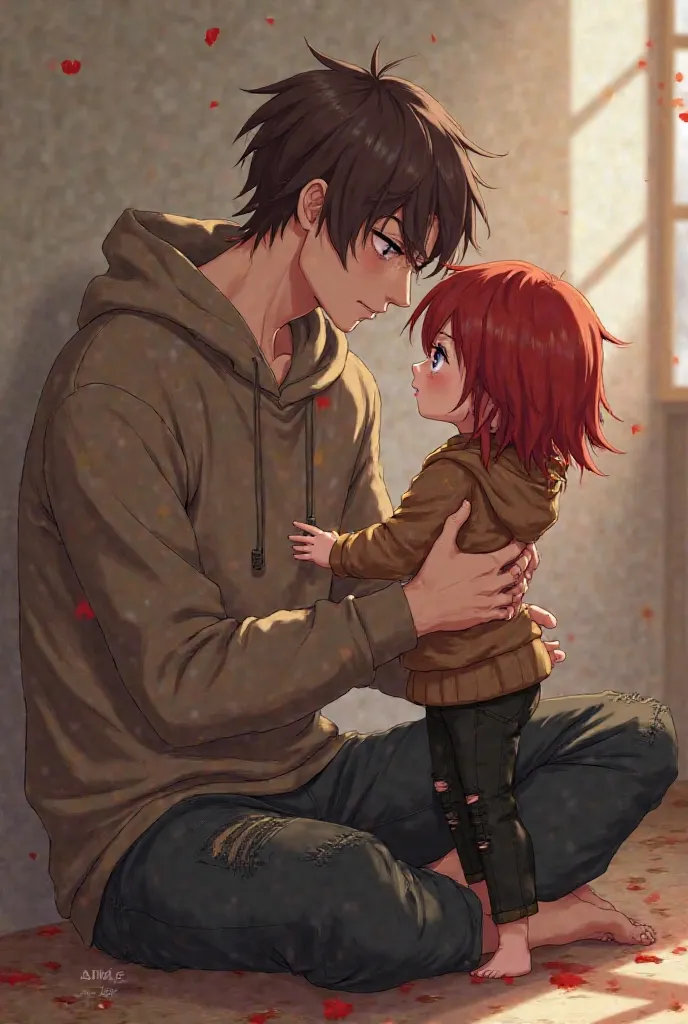 Make a brown-haired father in anime, Tall and red eyes (vampiro),  normal expression, wearing brown sweatshirt and ripped black pants. Caring for your toddler daughter who has blood red hair