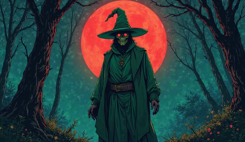 hand drawn illustration of a masked wizard wearing green clothing in the middle of the forest at night with a red moon, conceptual art,under the， anime style ，Dreamland Wonderland、Fantasy，   masterpiece ，HD， colored， detailed details 