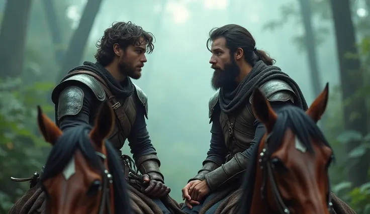  you can see two 25-year-old boys talking from the saddle of their horses with leather armor,  one has a beard and the other is the character in the reference , It is a cloud forest ,  there is fog and blurry trees , You can see the face of one of them in ...