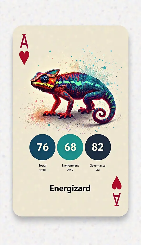 Une carte de jeu moderne, épurée, Un caméléon au couleur de total énergie . Il symbolise les énergies fossiles maîtrisées pour alimenter le monde . Quatre ronds alignés horizontalement sous le caméléon , avec : Chaque rond représentant une caractéristique....