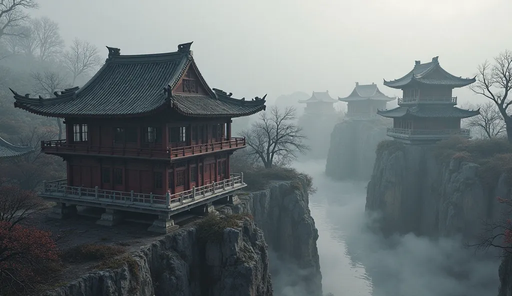 Chinese architecture，(A group of buildings based on black and white：2.0)，(Chinese style：3.0)， no people，( color：3.0)，( no text：2.3)，Mysterious，From the sky，Martial Arts