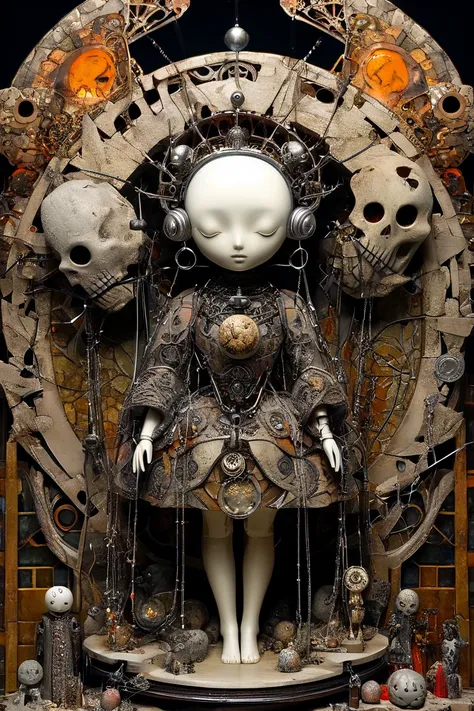 (masterpiece、Highest quality)、Super Detail、 HIGHEST DETAILS 、 spherical joint doll、layered sculpture 、(body horror: 1.4)、(生物学的mechanical)、Satanic、mechanical、Avant-garde、Concept Art、Mysterious and beautiful、Dark Fantasy、purgatory、altar、Spooky and Sacred、Anc...