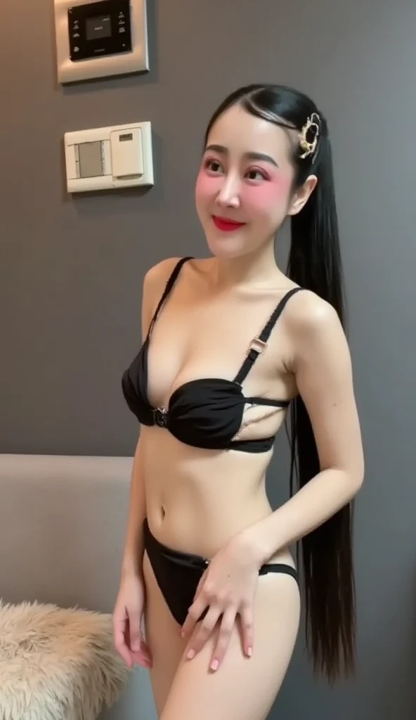 30s Korean woman, realistic, masterpiece, cinematic quality, deep focus, facial details, smooth skin, clear focus, the light falling on her skin makes her stand out (natural light, afternoon light), large saggy breasts, wearing a black bikini, fashionable,...