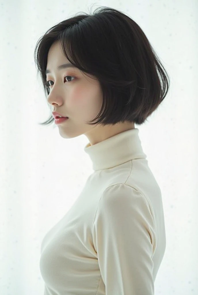 realistic light,natural light,white background,top quality、8 thousand、32,000、masterpiece、UHD:1.2)、photo of korean woman、Korean Shorthair,front position,black hair、upper part of the body,bust、from above、Short hair,  ivory turtleneck,profile,아주Short hair,sho...