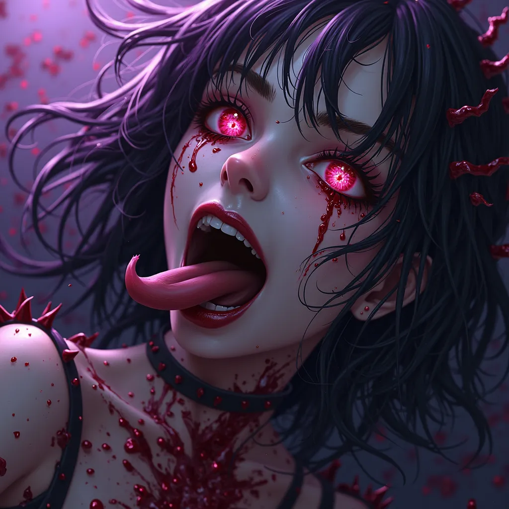  dark theme , nightmare, villain,( masterpiece), (Highest quality), Ultra High Definition, professional work,  super precise, complicated, detailed faces,  sticking out my tongue 、Perfect Lighting, 1 girl,  is laughing、A rose pierces 、 a body with purple s...