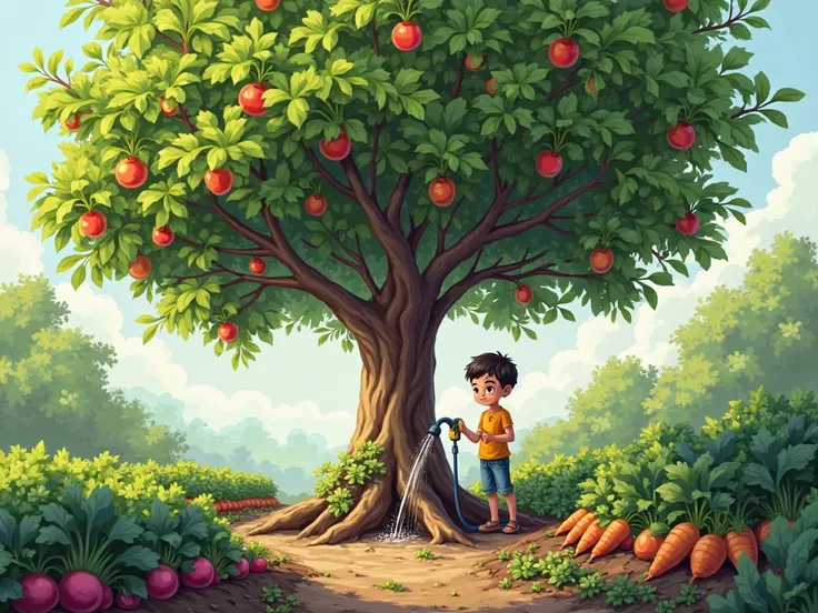 The there are many green trái cây s hanging from a tree branch tree bears a lot of fruit. A boy is watering the tree. There is a vegetable garden around, such as radishes, kohlrabi, and carrots.