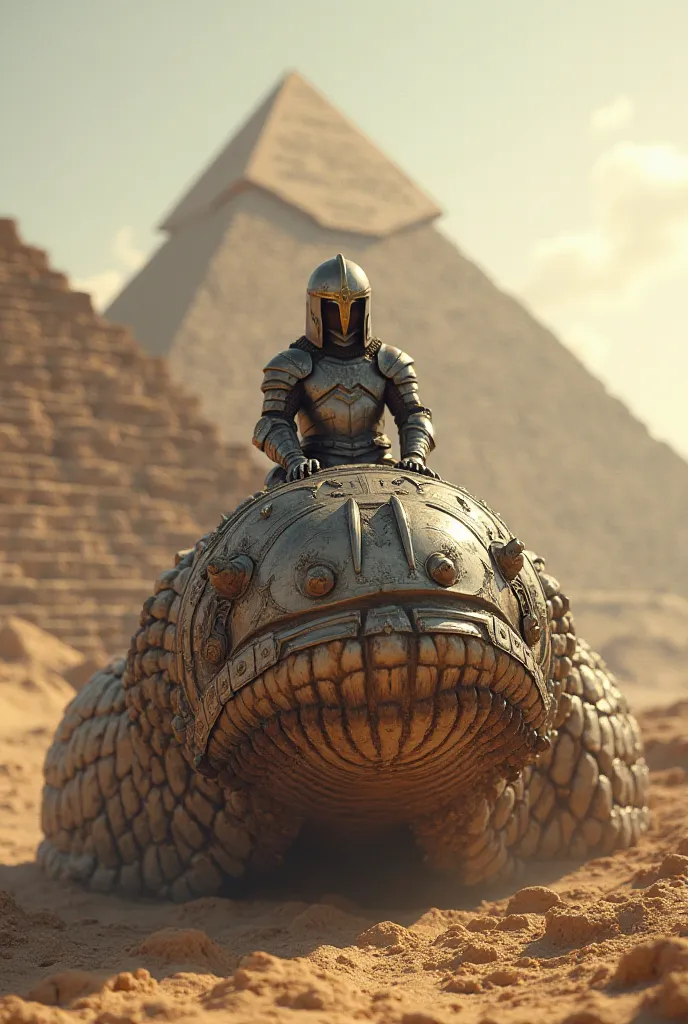 Small medieval knight on top of an armored worm,  ultra realistic, Deep details, 4K, Egyptian scene with pyramids, miniature knight, armor covers the knight's face.