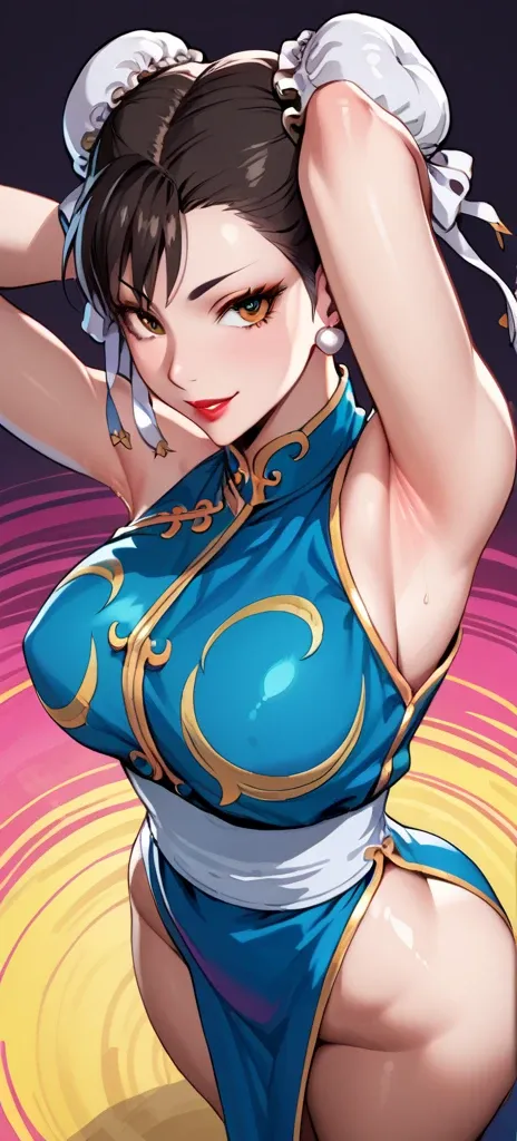 score_9, score_8_above, score_7_above, score_6_above, source_anime, to break, Chun-Li, 2 buns,  Big breasts , bare shoulders, Alone,  all four ,  seductive smile,  looking at the viewer,  colorful background showing big ass, half naked (((open breast))) ((...