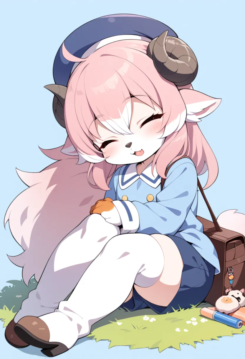 1girl, (furry, kemono:1.4), sheep girl, animal nose, sheep horns, pink hair, female focus, sleeping, long hair, hat, short pants, short hair, blue headwear, open mouth, blue short pants, shirt, socks, long sleeves, kindergarten uniform, bag, beret, white s...