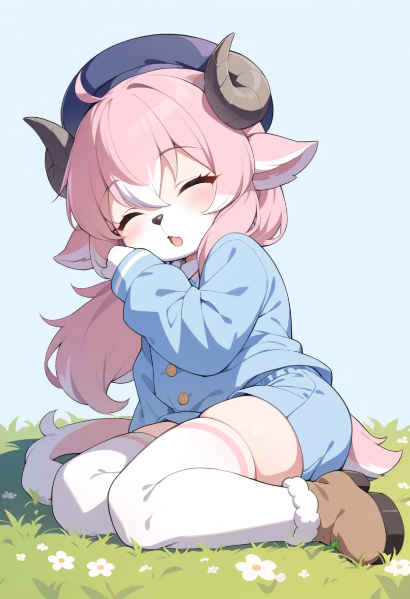 1girl, (furry, kemono:1.4), sheep girl, animal nose, sheep horns, pink hair, female focus, sleeping, long hair, hat, short pants, short hair, blue headwear, open mouth, blue short pants, shirt, socks, long sleeves, kindergarten uniform, bag, beret, white s...