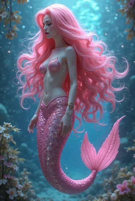 Mermaid with big pink hair and pink hair