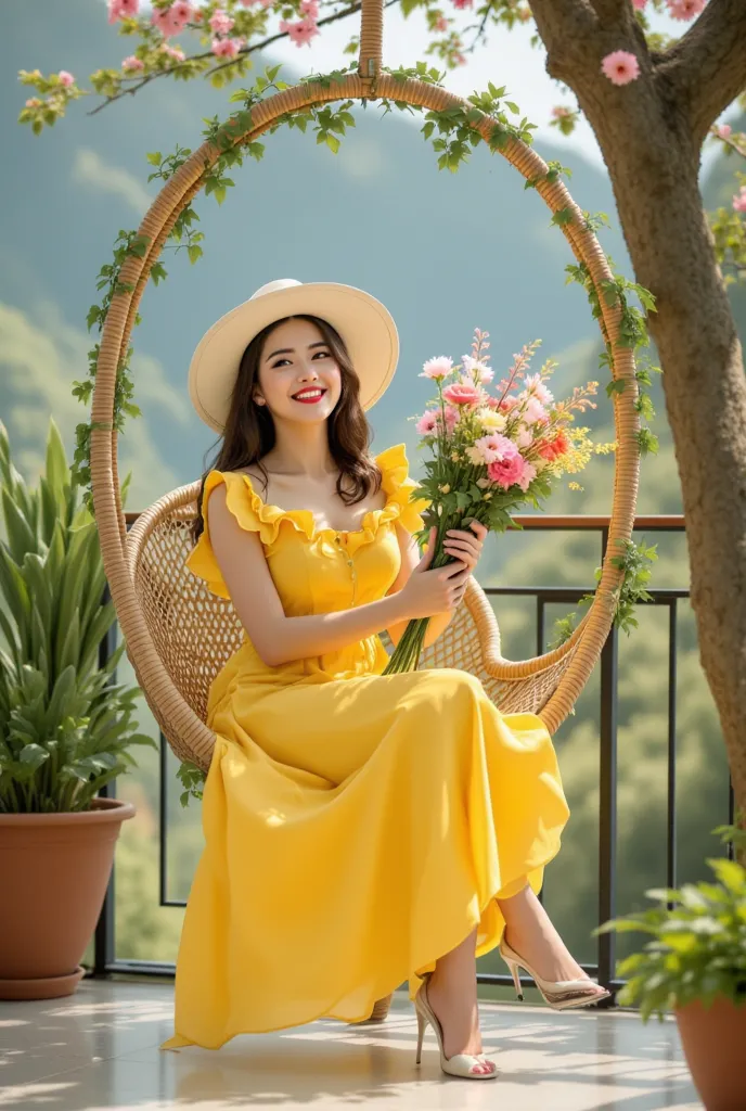 Close-up photo of a beautiful and elegant young Thai-Korean woman, brown-haired girl,  smiles,  long hair ornamental flowers . . who is wearing a bright yellow ruffled dress   . . ,sedikit  smiles lembut, white heels , Wear high-heeled sandals  ,  wear a w...