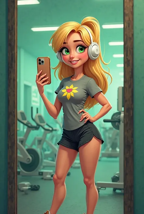 Create a blonde at the gym with green eyes,  black shorts , brown sneakers , gray t-shirt with a sun with a white headset just like Apple, taking a picture in the mirror with an iPhone 11 Pro, Does the gym have green lights 
In a cartoon 