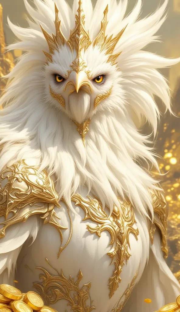 (best illumination, best shadow, masterpiece, best quality),  white  king chicken majestic, intimidating, powerful, epic, royal armor of white and gold with intricate details, clean lines, perfect illustration,The surrounding scenery is golden mountains, l...