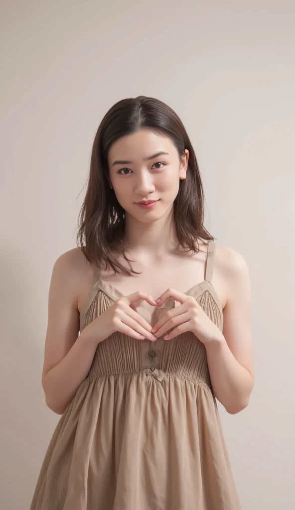    I'm wearing a 。She's wearing a camisole 、  standing with her hands in the shape of a heart in front of her chest、   Cute Smile Up、  Plain background 、   high definition、細部にわたって  high definition 