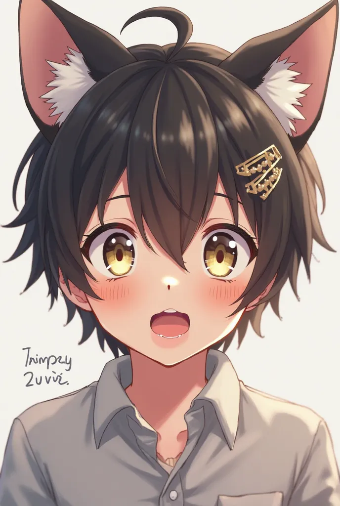 HD, Detail, Short Hair, Cat Ears, Open Mouth, Simple background, Hair Clip, Anime, Anime Style,a boy , manga