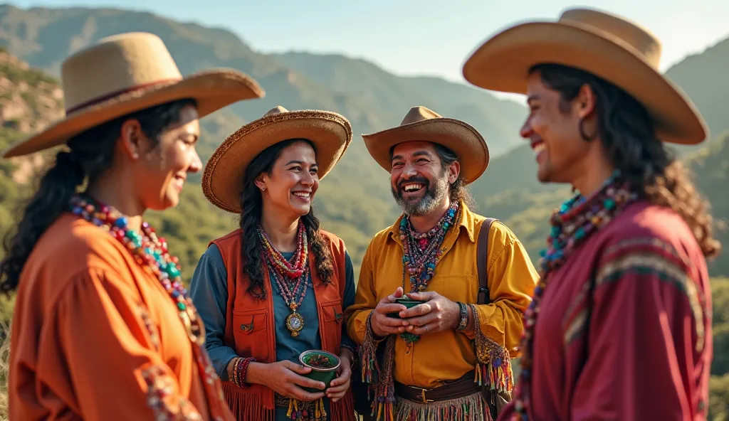 realistic image of a group of Gaúchos and Gaúchas wearing clothes from Rio Grande do Sul laughing too much, laughing because of an intensely funny joke,