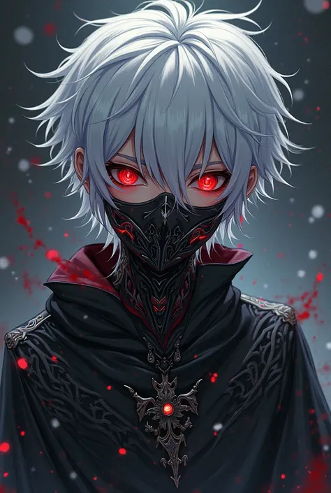 Anime boy with a demonic mask, white hair, and red eyes.