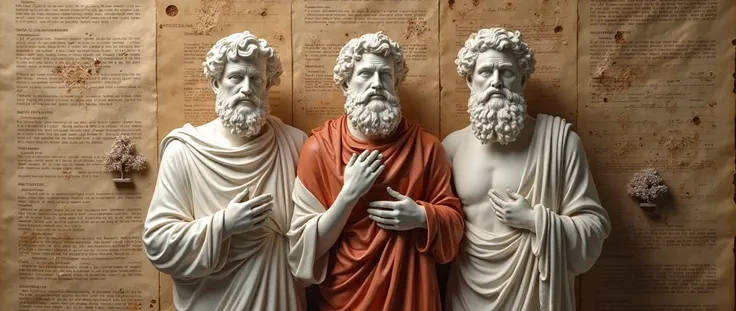 Three realistic statues of stoic philosophers — Marco Aurélio, Seneca and Epictetus — placed side by side, on a parchment background ice-cream with aged texture. The statues have classic details, with wise and serene expressions.  Around them , there are a...